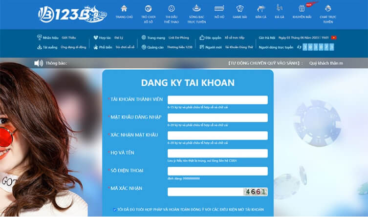 Hướng dẫn đăng ký 123B trên trang chủ.