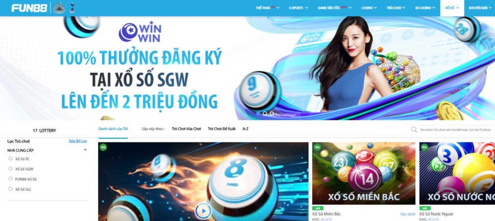 Khám phá sảnh chơi Xổ Số SGW tại Fun88 độc đáo