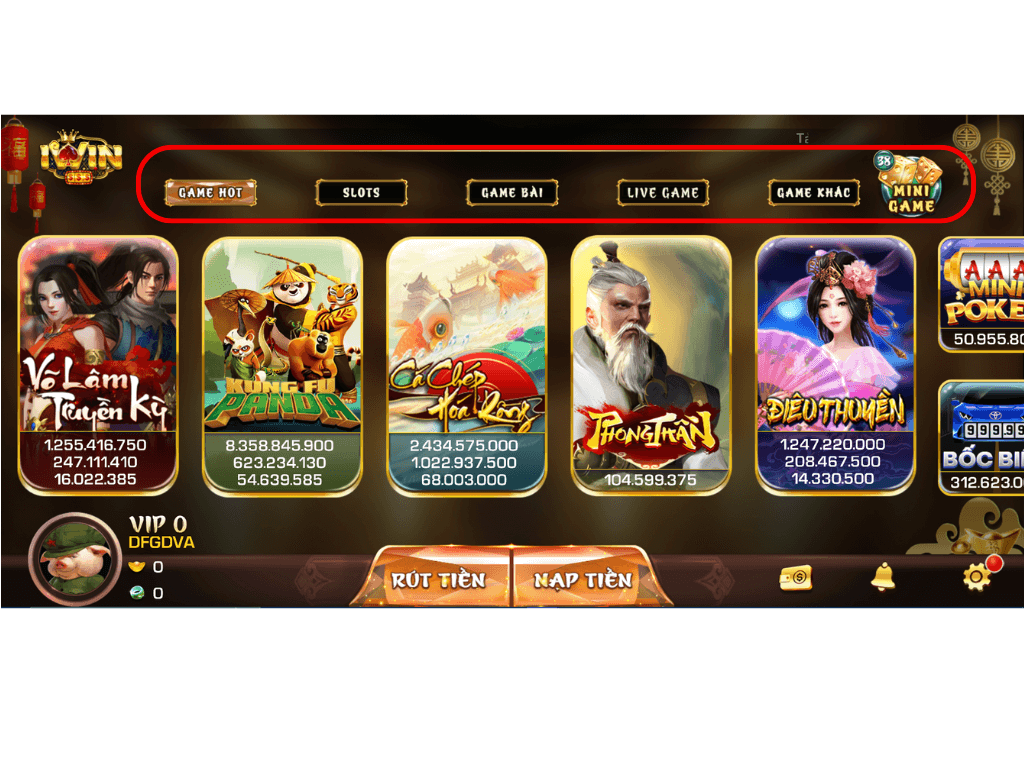 Danh mục game tại cổng game bài iWin